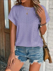 Eyelet Round Neck Short Sleeve T-Shirt - Trendsi