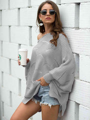 Full Size Boat Neck Lantern Sleeve Openwork Knit Top - Trendsi