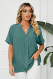 Side Slit Notched Neck Cuffed Short Sleeve Blouse - Trendsi