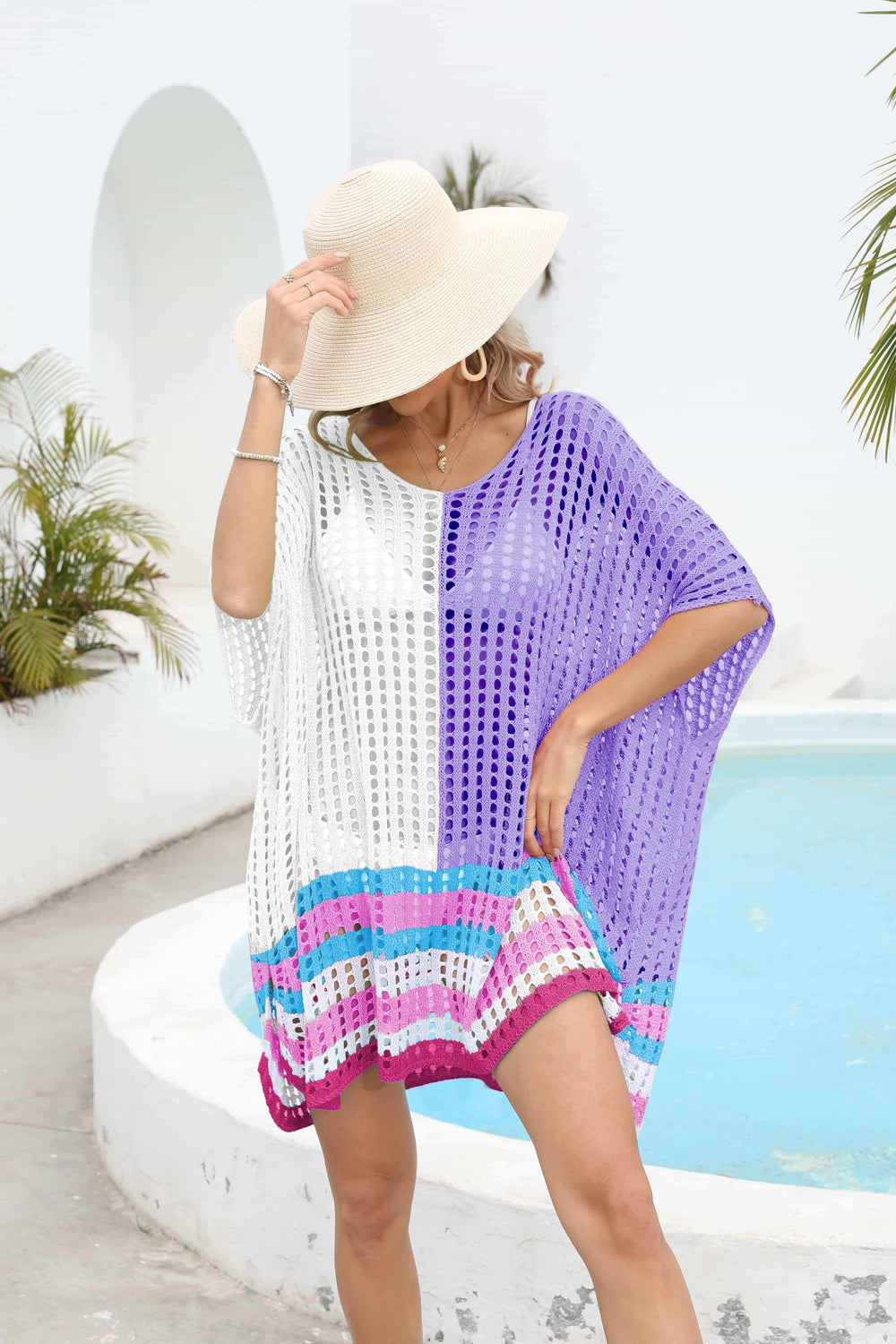 Contrast Scoop Neck Openwork Half Sleeve Cover Up - Trendsi - Flyclothing LLC