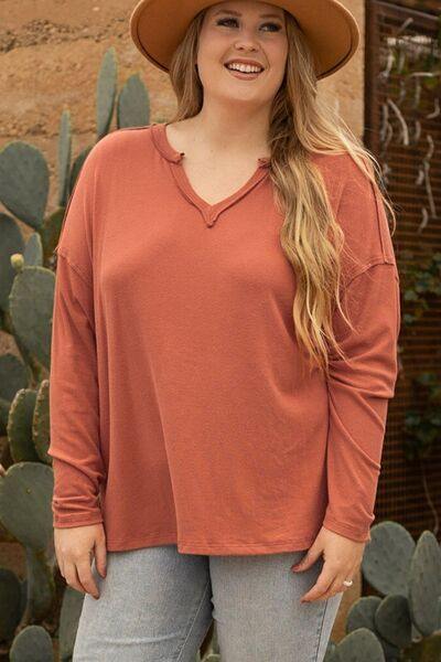 Plus Size Notched Long Sleeve T-Shirt - Trendsi