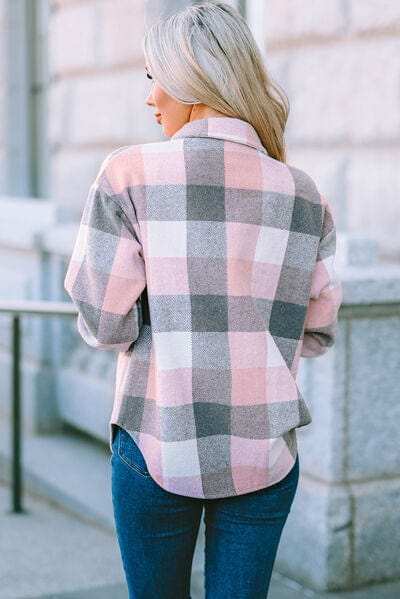 Plaid Button Up Dropped Shoulder Jacket - Trendsi - Flyclothing LLC