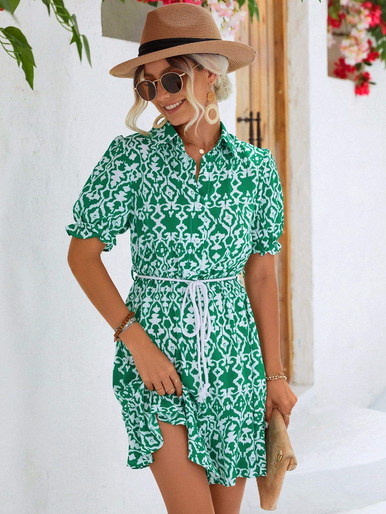 Printed Tie Waist Collared Flounce Sleeve Dress - Trendsi - Flyclothing LLC