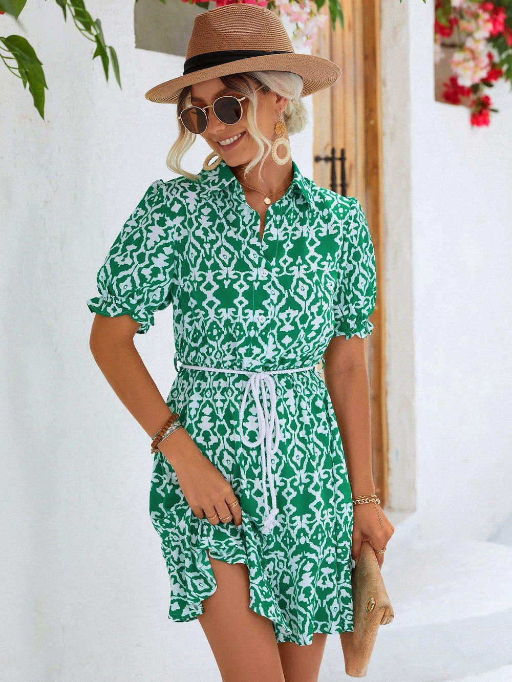 Printed Tie Waist Collared Flounce Sleeve Dress - Trendsi - Flyclothing LLC