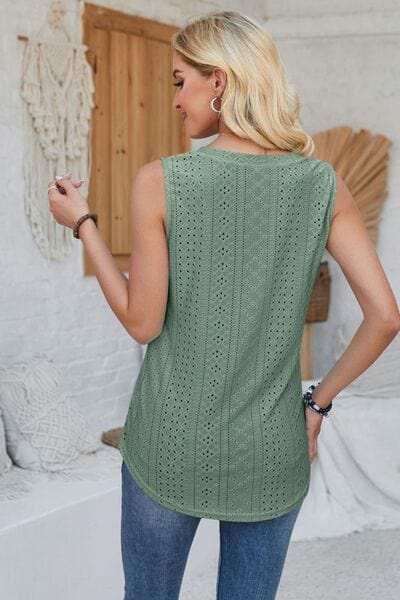 Eyelet Decorative Button V-Neck Tank - Trendsi - Flyclothing LLC