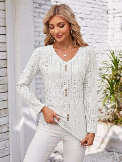 Decorative Button Openwork V-Neck T-Shirt - Trendsi - Flyclothing LLC