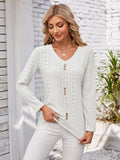 Decorative Button Openwork V-Neck T-Shirt - Trendsi