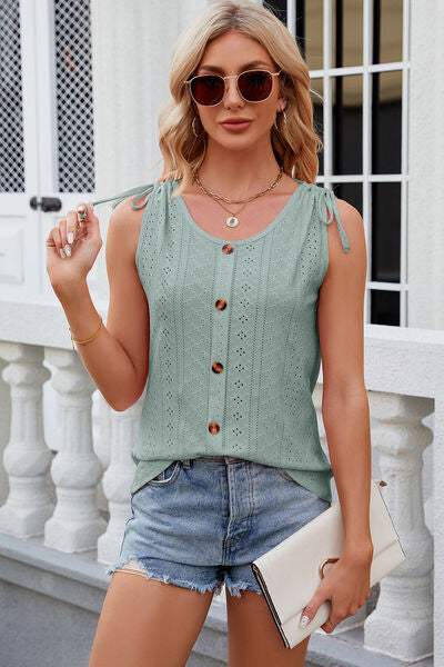 Eyelet Round Neck Wide Strap Tank - Trendsi - Flyclothing LLC