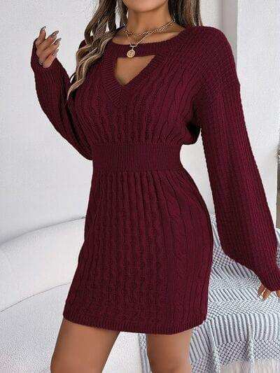 Cable-Knit Cutout Round Neck Slit Sweater - Trendsi - Flyclothing LLC