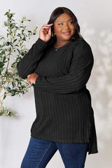 Basic Bae Full Size Ribbed Round Neck Long Sleeve Slit Top - Trendsi - Flyclothing LLC
