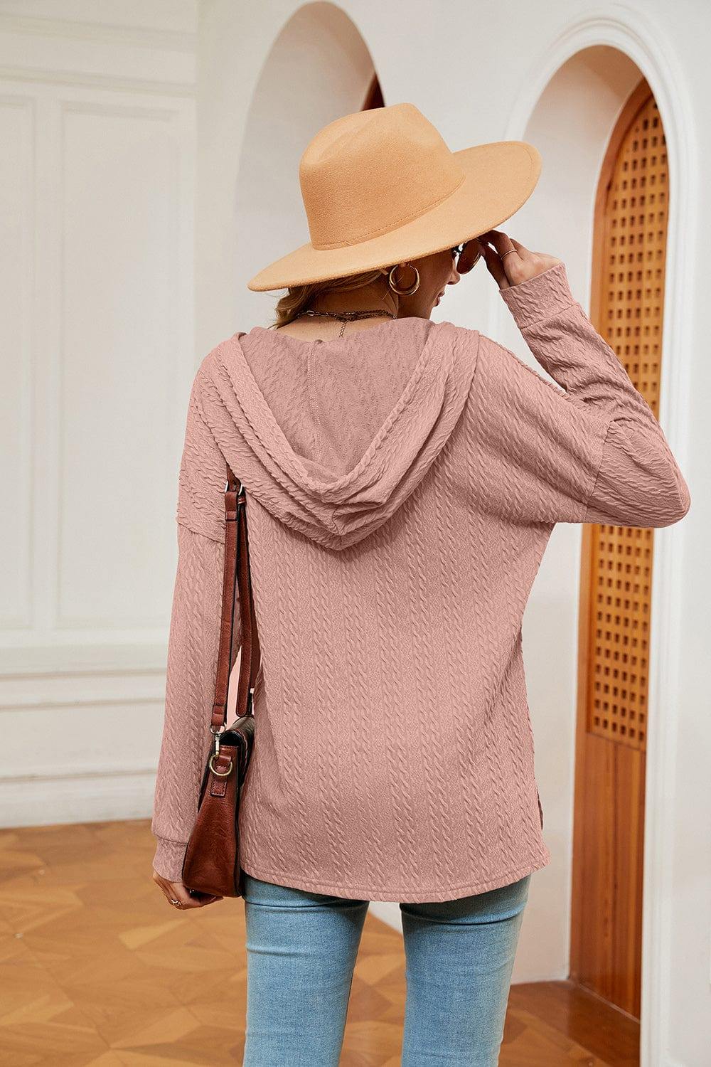 Half-Button Dropped Shoulder Hoodie - Trendsi