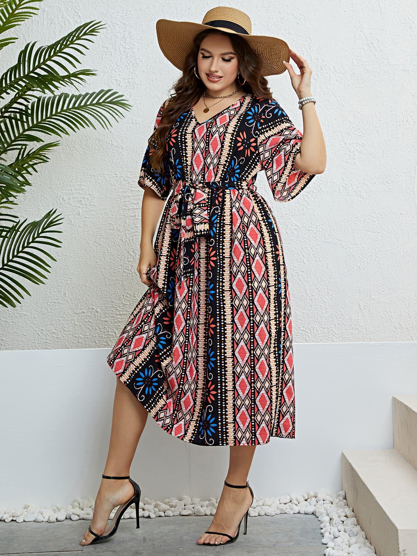 Plus Size Bohemian V-Neck Tie Belt Midi Dress - Trendsi