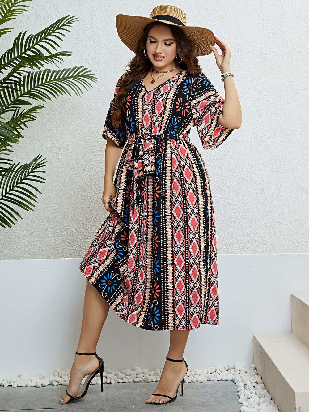 Plus Size Bohemian V-Neck Tie Belt Midi Dress - Trendsi - Flyclothing LLC