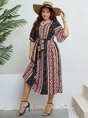 Plus Size Bohemian V-Neck Tie Belt Midi Dress - Trendsi