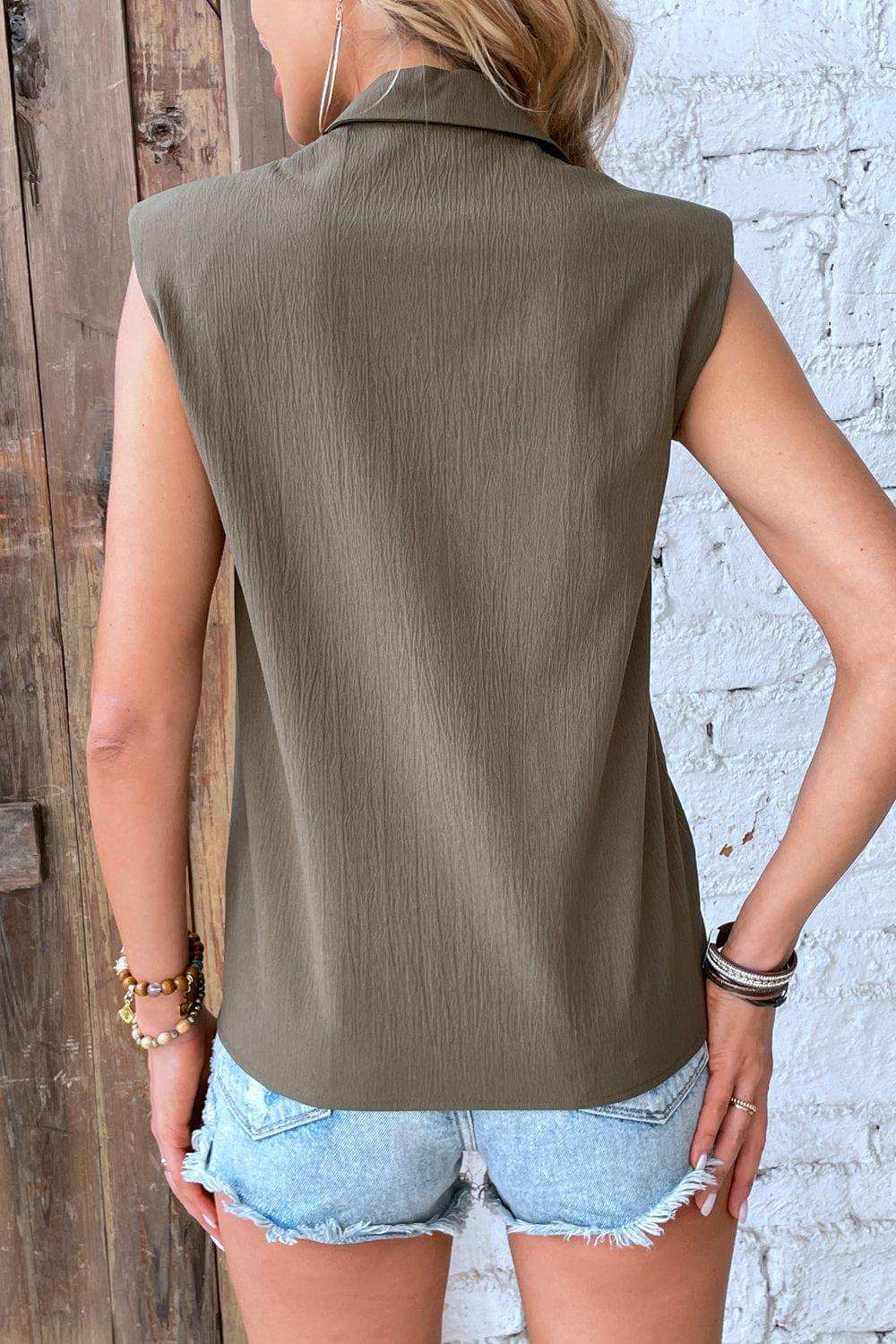 Collared Neck Sleeveless Shirt - Trendsi - Flyclothing LLC