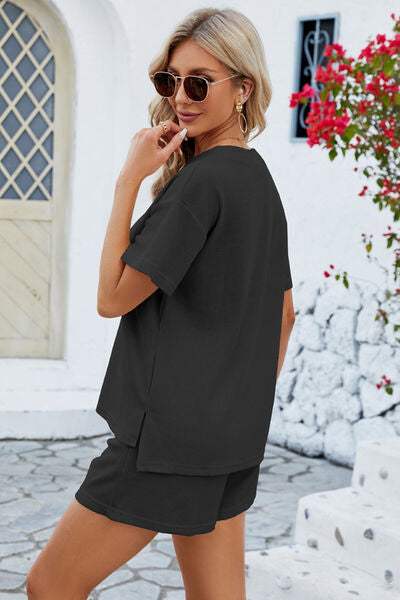 Notched Button Detail Dropped Shoulder Top and Shorts Set - Trendsi - Flyclothing LLC