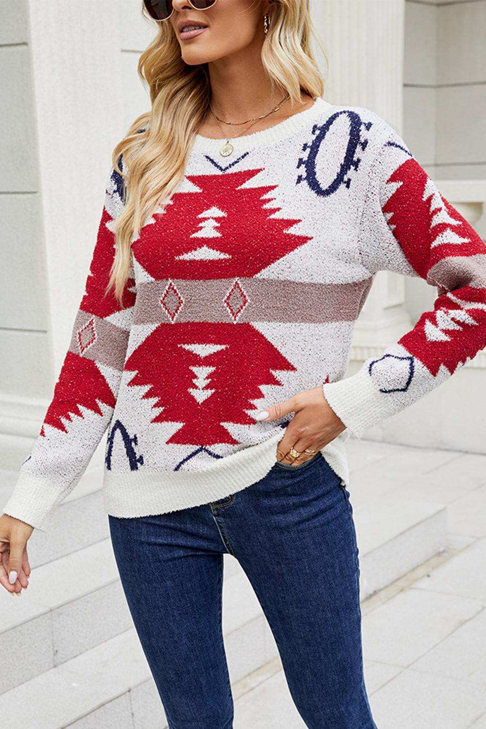 Printed Round Neck Long Sleeve Sweater - Trendsi - Flyclothing LLC