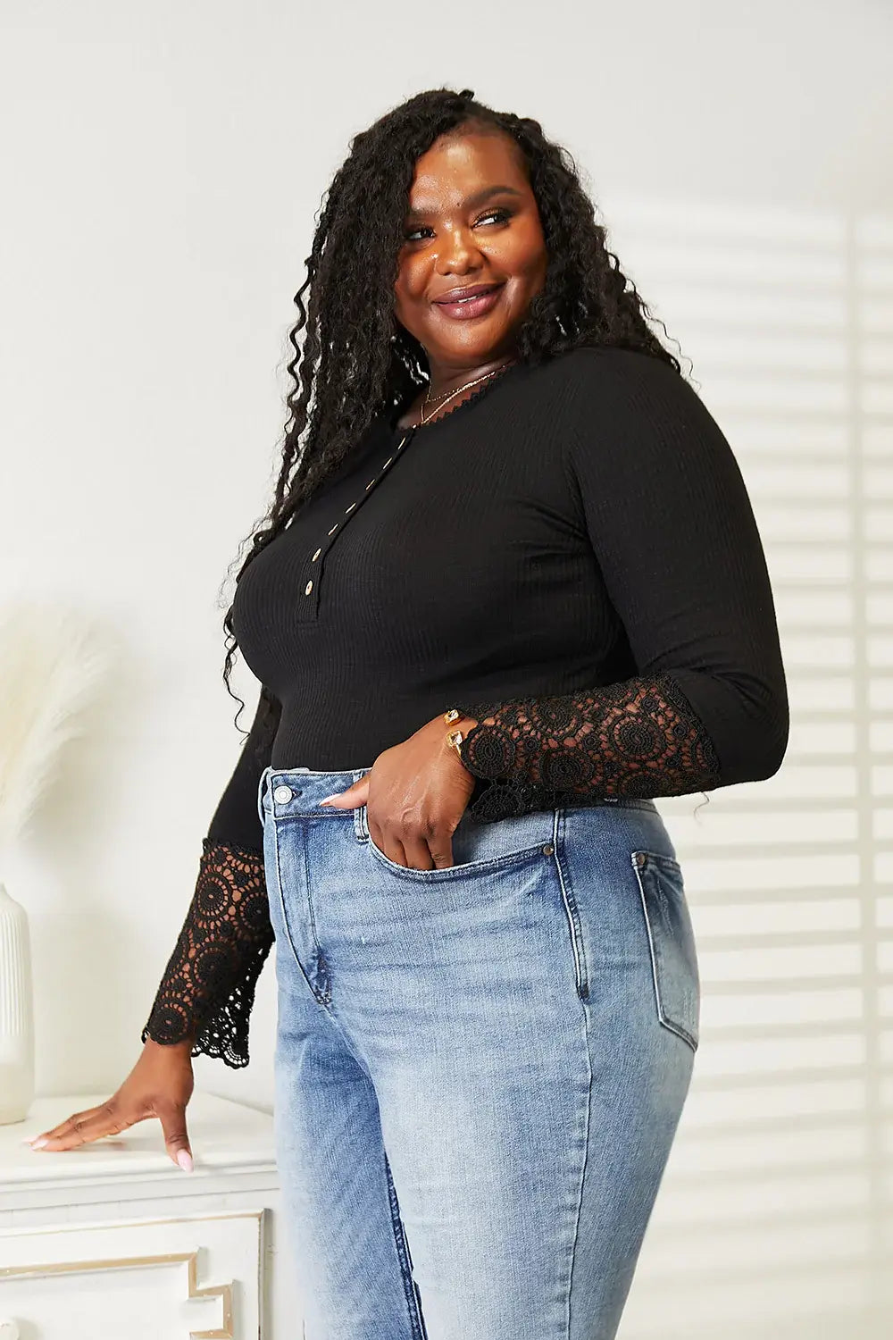 Double Take Crochet Lace Hem Sleeve Button Top - Trendsi - Flyclothing LLC