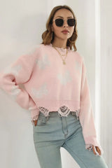 Printed Round Neck Ribbed Long Sleeve Sweater - Trendsi - Flyclothing LLC