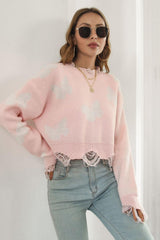 Printed Round Neck Ribbed Long Sleeve Sweater - Trendsi