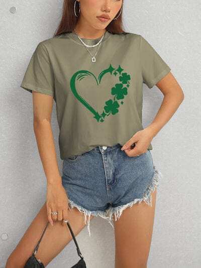 Heart Lucky Clover Round Neck Short Sleeve T-Shirt - Trendsi - Flyclothing LLC