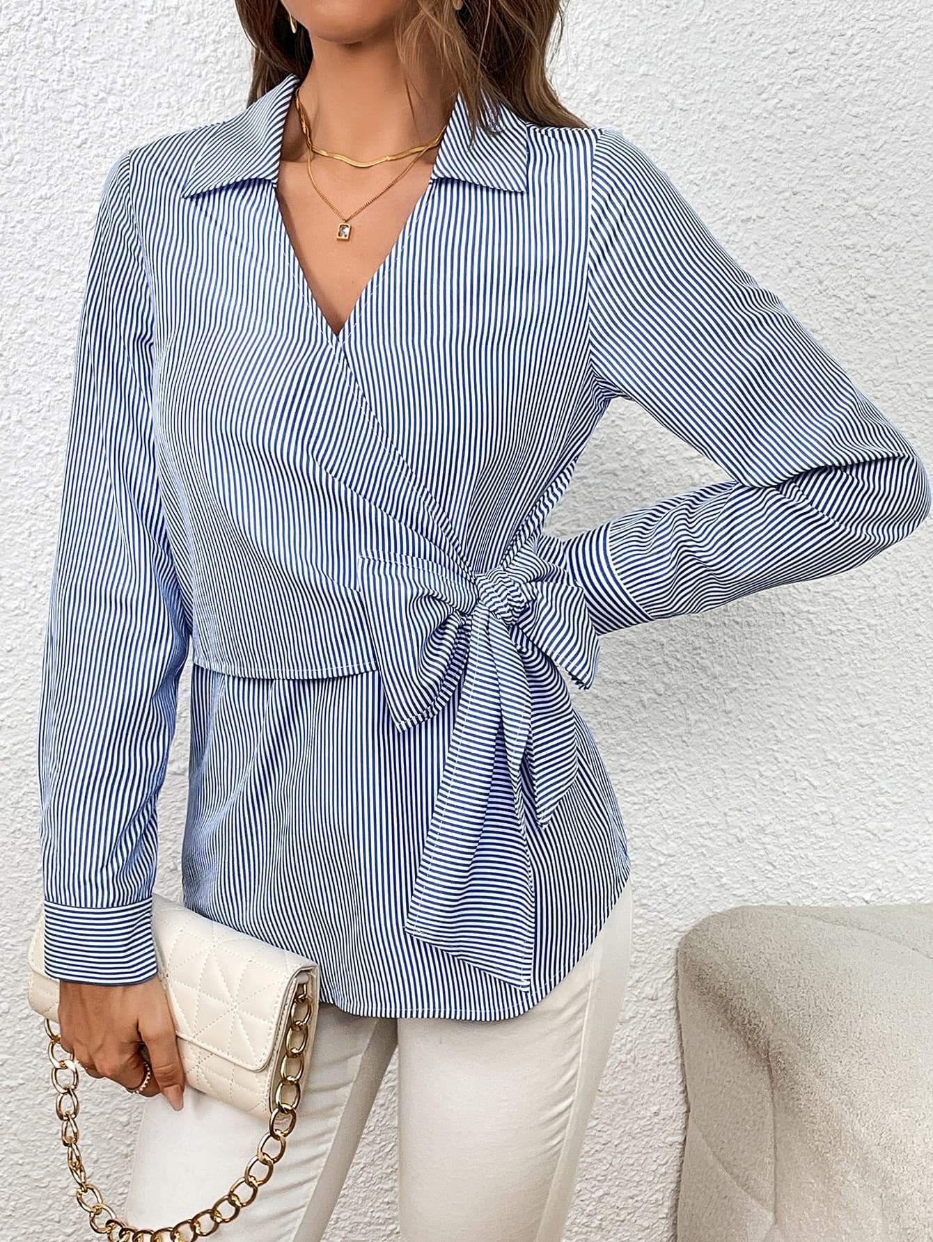 Bow Tie Waist Johnny Collar Neck Striped Blouse - Trendsi - Flyclothing LLC