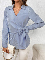Bow Tie Waist Johnny Collar Neck Striped Blouse - Trendsi - Flyclothing LLC
