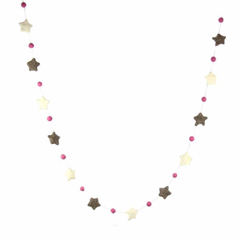 Hand Crafted Felt from Nepal: Stars Garland, Grey/Pink - Global Groove Direct