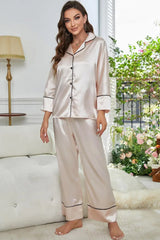 Contrast Piping Button-Up Top and Pants Pajama Set - Trendsi - Flyclothing LLC