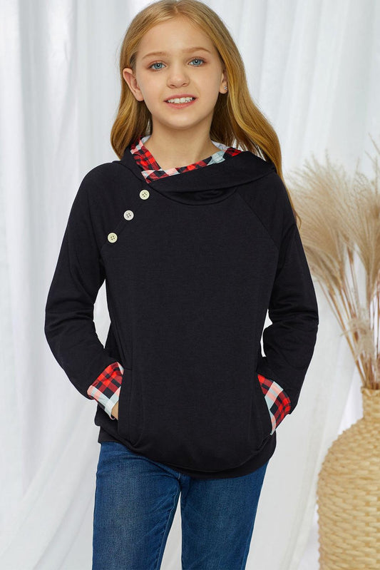 Girls Plaid Decorative Button Hoodie with Pockets - Flyclothing LLC