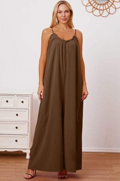 Full Size Ruffle Trim Tie Back Cami Jumpsuit with Pockets - Trendsi - Flyclothing LLC