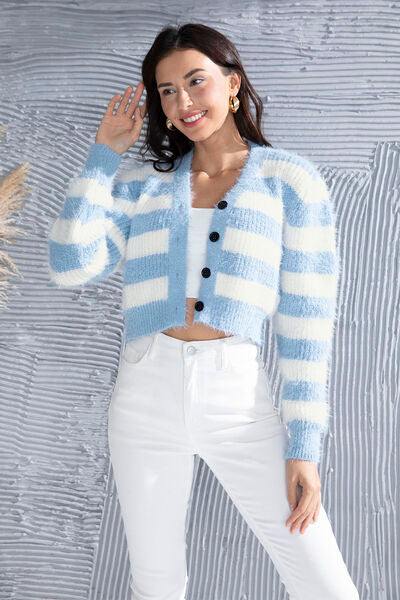 Striped Button Up Cropped Cardigan - Flyclothing LLC