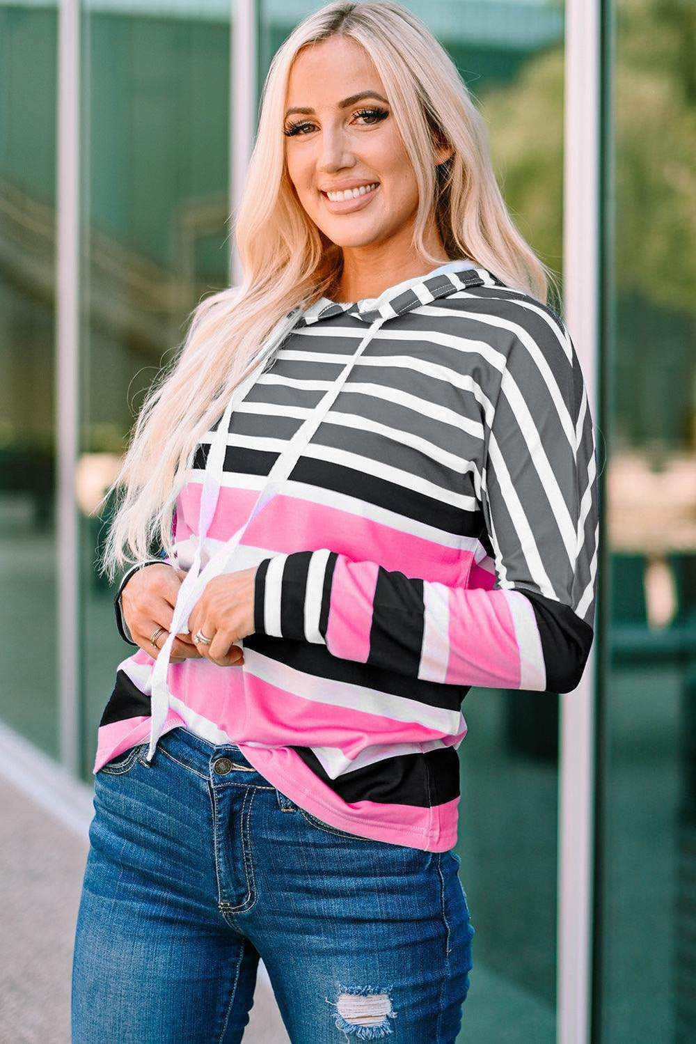 Striped Drawstring Detail Long Sleeve Hoodie - Trendsi - Flyclothing LLC