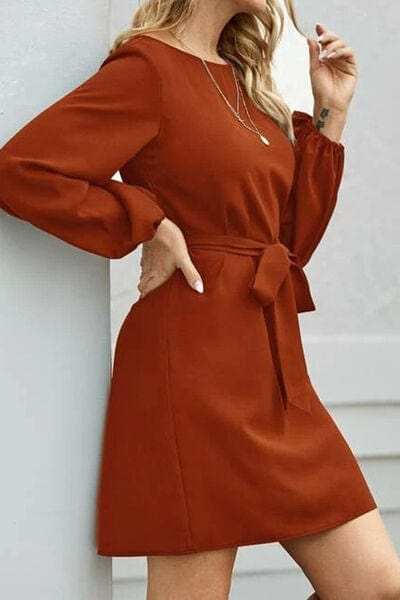 Tied Boat Neck Balloon Sleeve Mini Dress - Trendsi - Flyclothing LLC