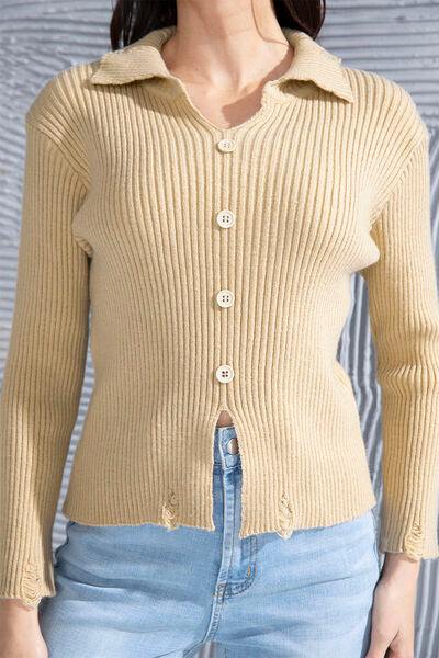 Ribbed Long Sleeve Slit Distressed Sweater - Trendsi