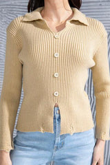 Ribbed Long Sleeve Slit Distressed Sweater - Trendsi