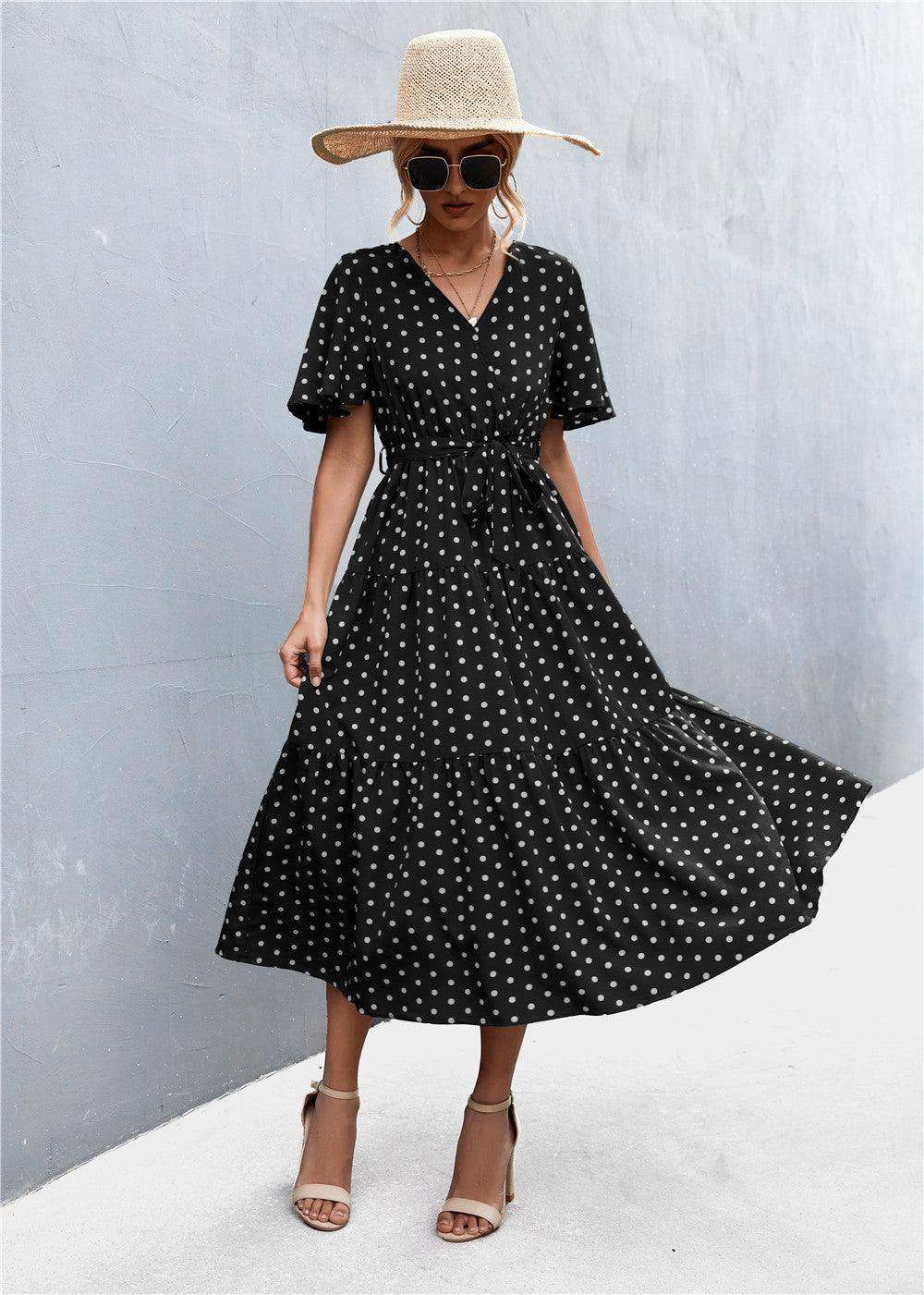 Printed V-Neck Flutter Sleeve Belted Dress - Trendsi - Flyclothing LLC