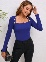 Decorative Button Long Sleeve Top - Trendsi - Flyclothing LLC