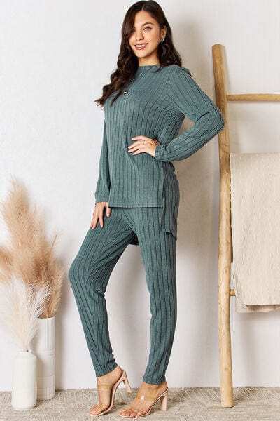 Basic Bae Full Size Ribbed Round Neck High-Low Slit Top and Pants Set - Trendsi - Flyclothing LLC