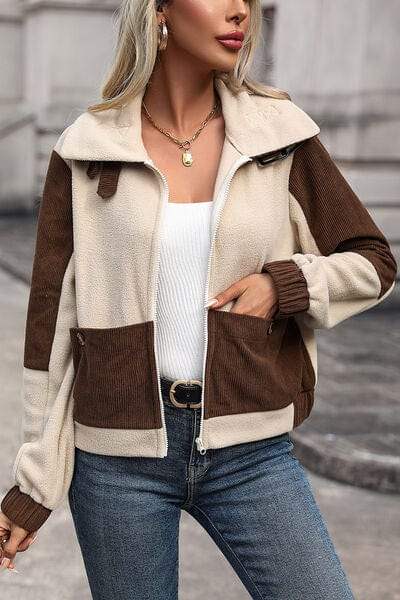 Color Block Zip Up Pocketed Jacket - Trendsi - Flyclothing LLC