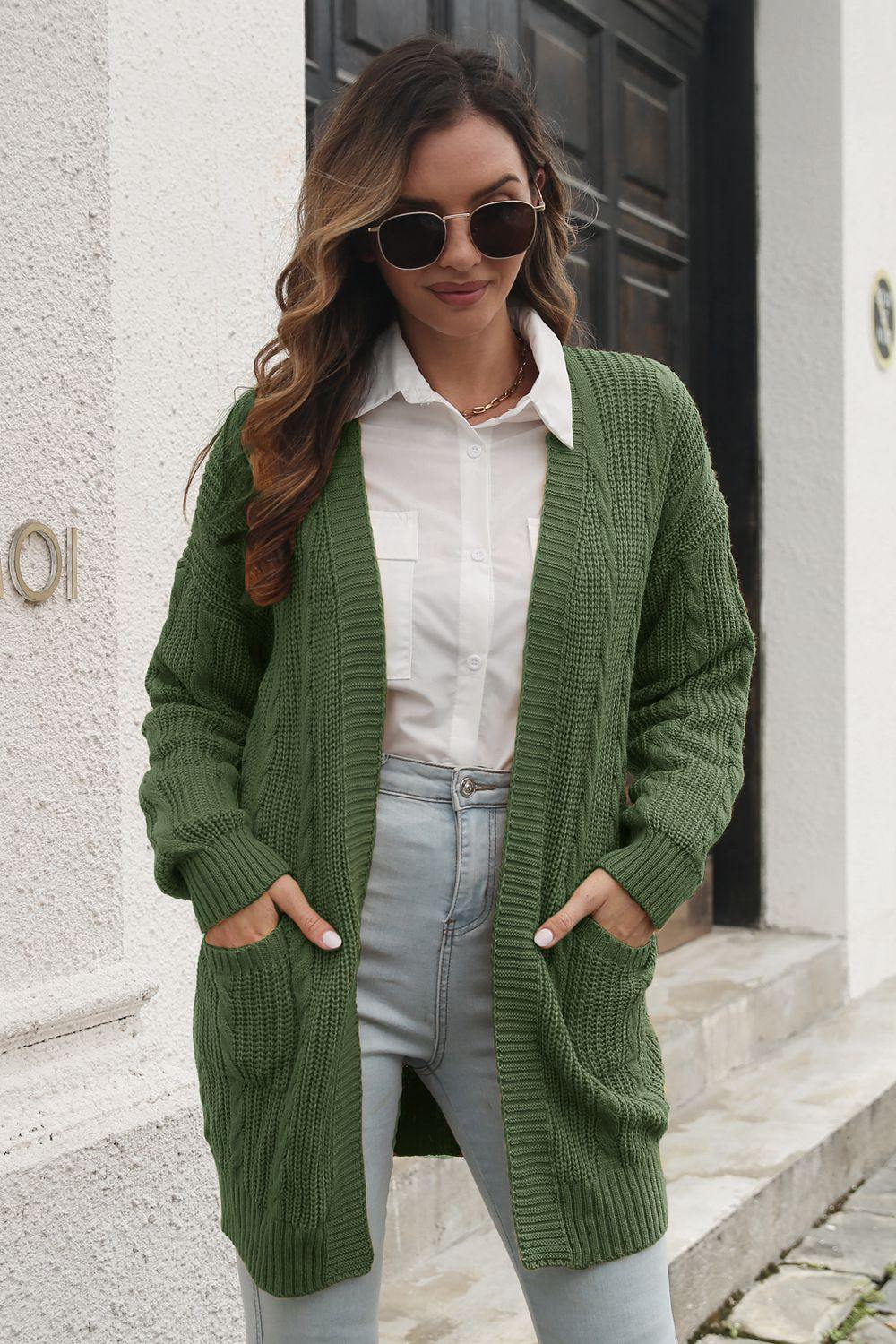 Open Front Longline Cardigan with Pockets - Trendsi