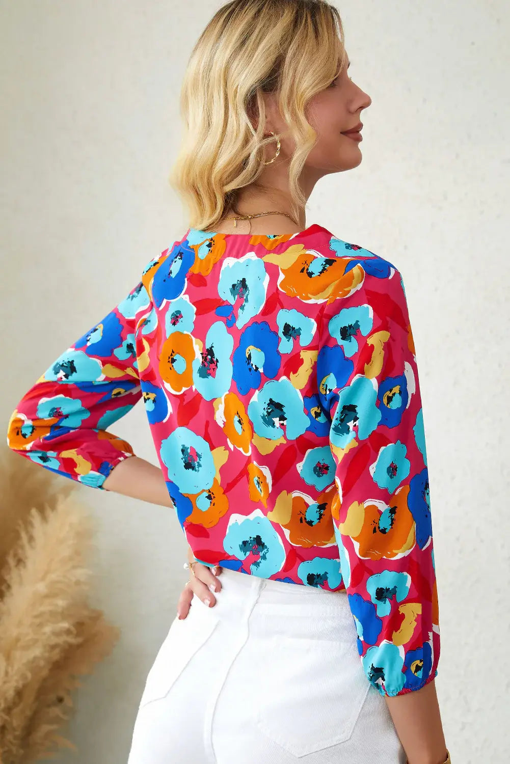 Floral V-Neck Three-Quarter Sleeve Top - Trendsi - Flyclothing LLC