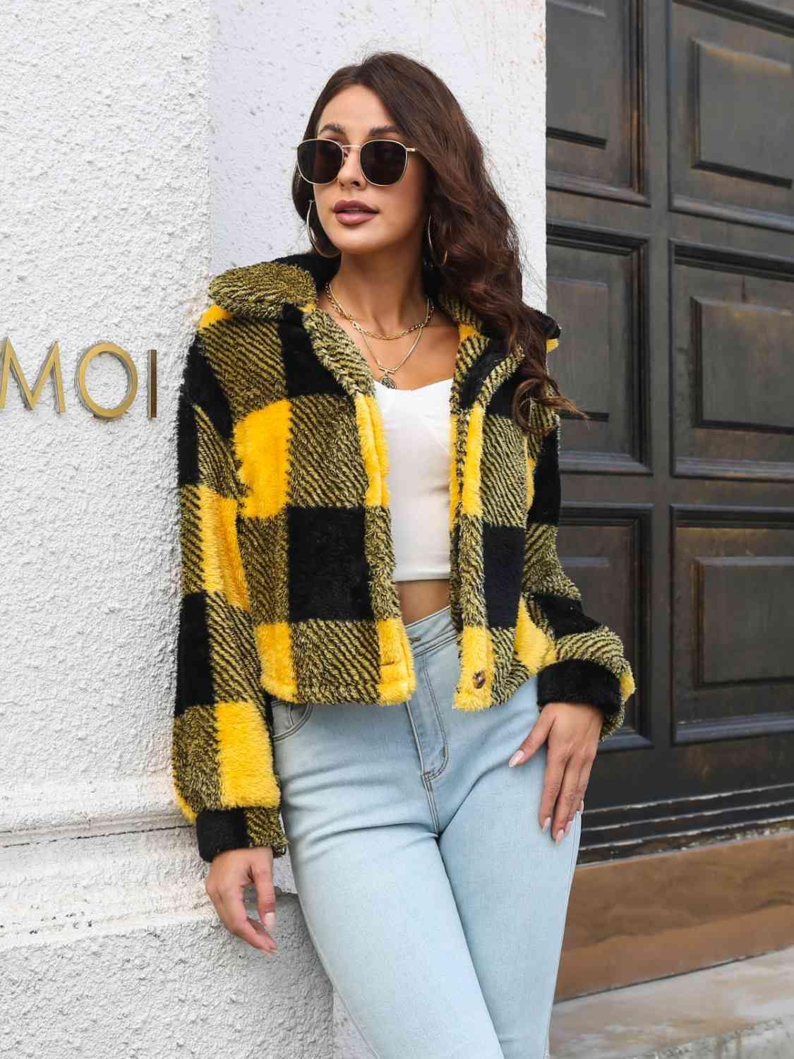 Plaid Dropped Shoulder Buttoned Jacket - Trendsi