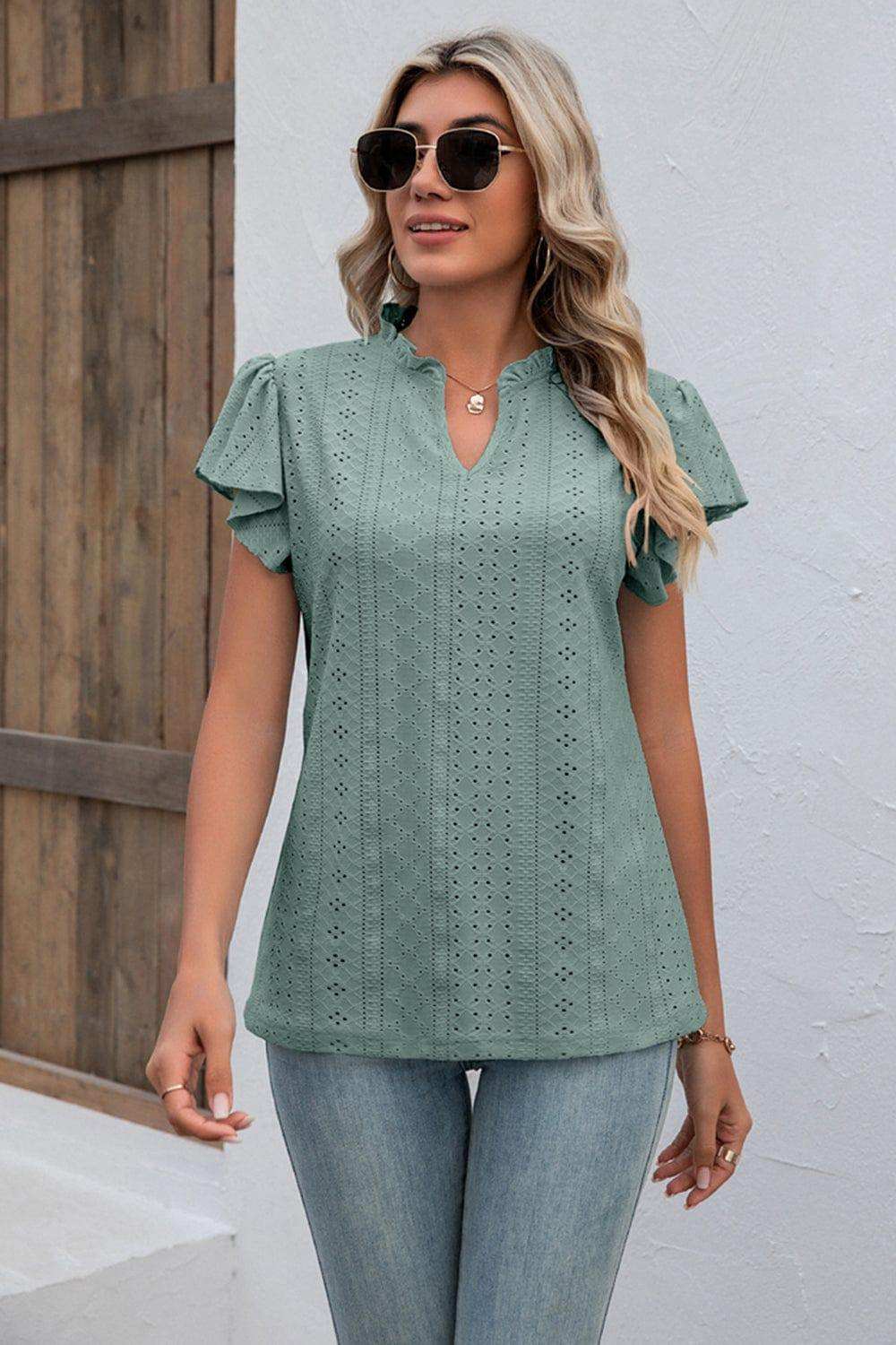 Eyelet Notched Neck Flutter Sleeve Top - Trendsi - Flyclothing LLC