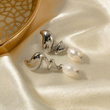 Twisted Stainless Steel Pearl Drop Earrings - Flyclothing LLC