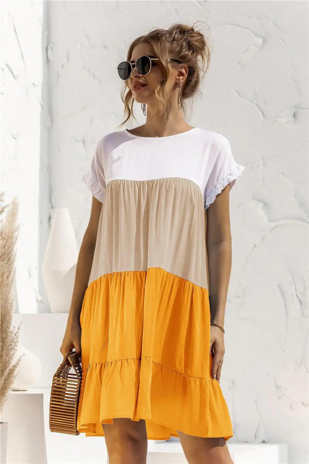 Color Block Round Neck Ruffle Hem Dress - Trendsi - Flyclothing LLC