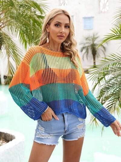 Color Block Openwork Boat Neck Cover Up - Trendsi - Flyclothing LLC