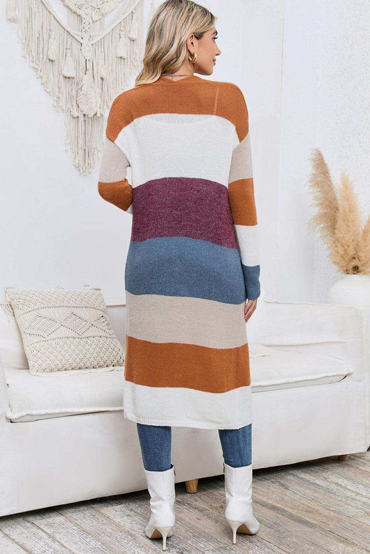 Long Color Block Open Front Pocketed Cardigan - Trendsi - Flyclothing LLC