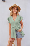 Buttoned V-Neck Ruffle Trim Top - Trendsi