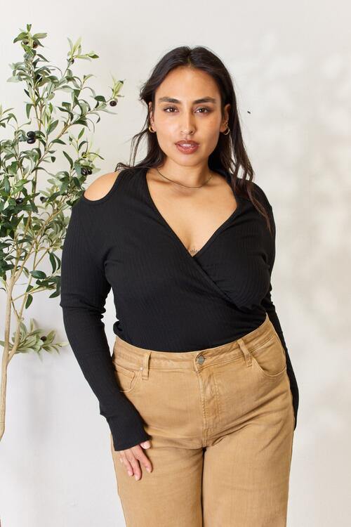 Culture Code Full Size Ribbed Surplice Cold Shoulder Top - Trendsi